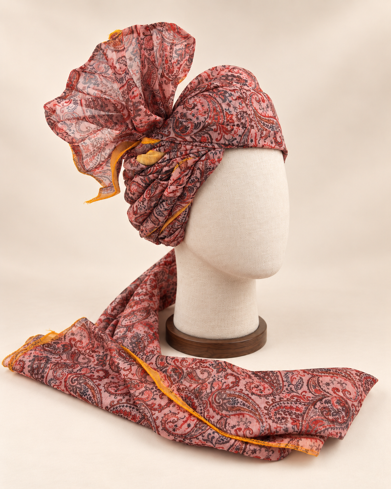 Right side view of blush pink paisley Barati Safa showing twisted folds and fan