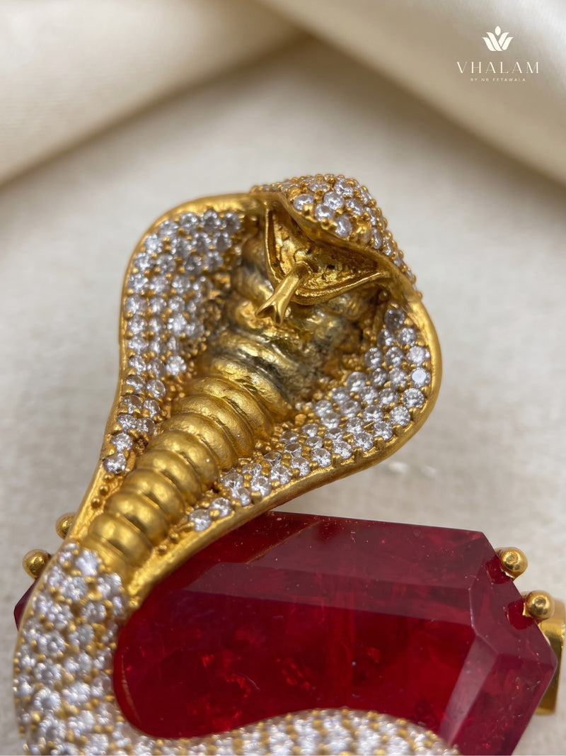 Gold-Tone Cobra Brooch with Red Accent, detail view