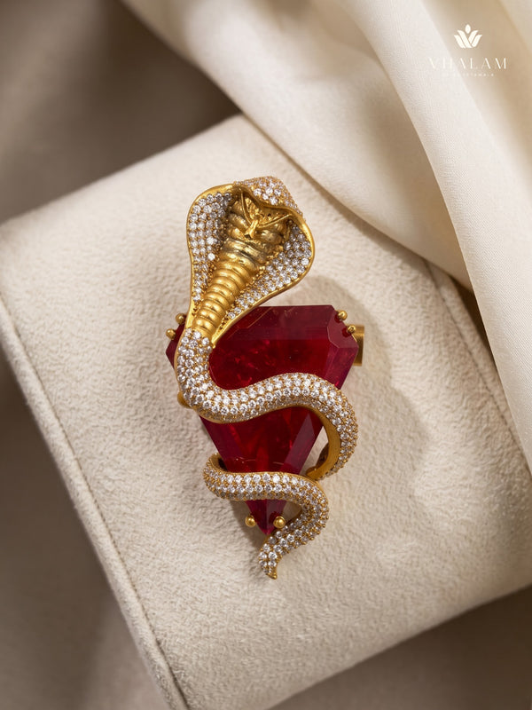Gold-Tone Cobra Brooch with Red Accent, front view