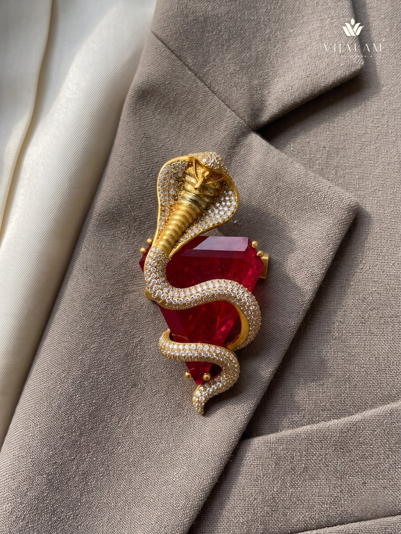Gold-Tone Cobra Brooch with Red Accent, front view