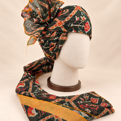 Right side view of dark green geometric print Barati Safa showing twisted folds and fan