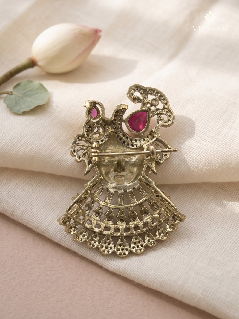 Devotional Face Brooch with Pink Accents, rear view