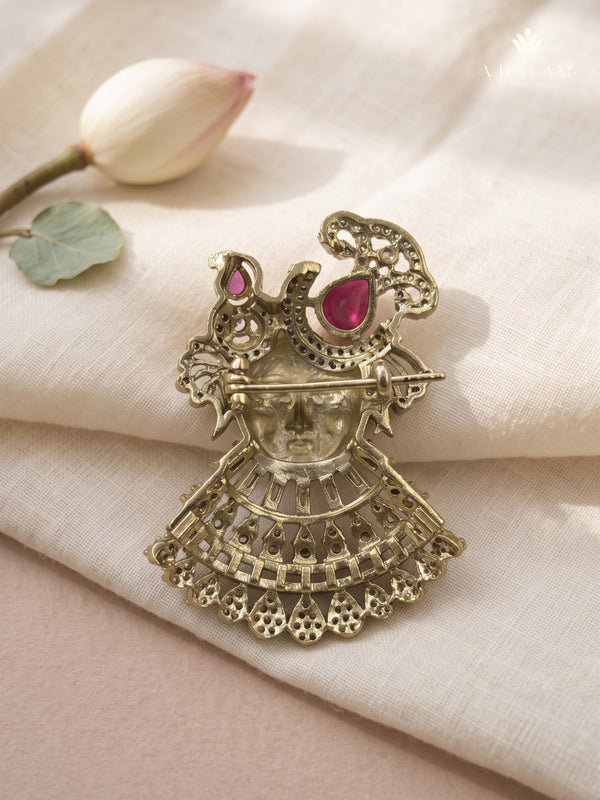 Devotional Face Brooch with Pink Accents, rear view
