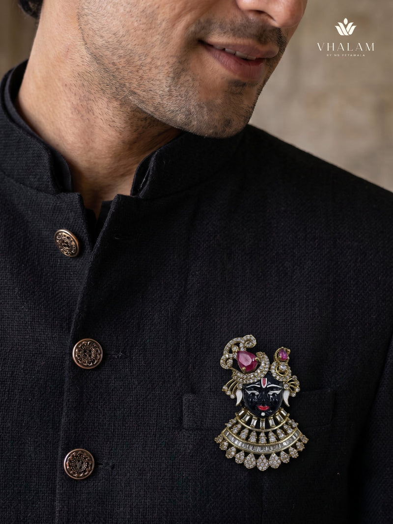 Devotional Face Brooch with Pink Accents, styled view