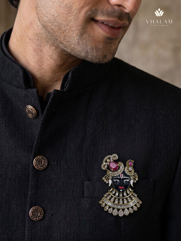 Devotional Face Brooch with Pink Accents, styled view