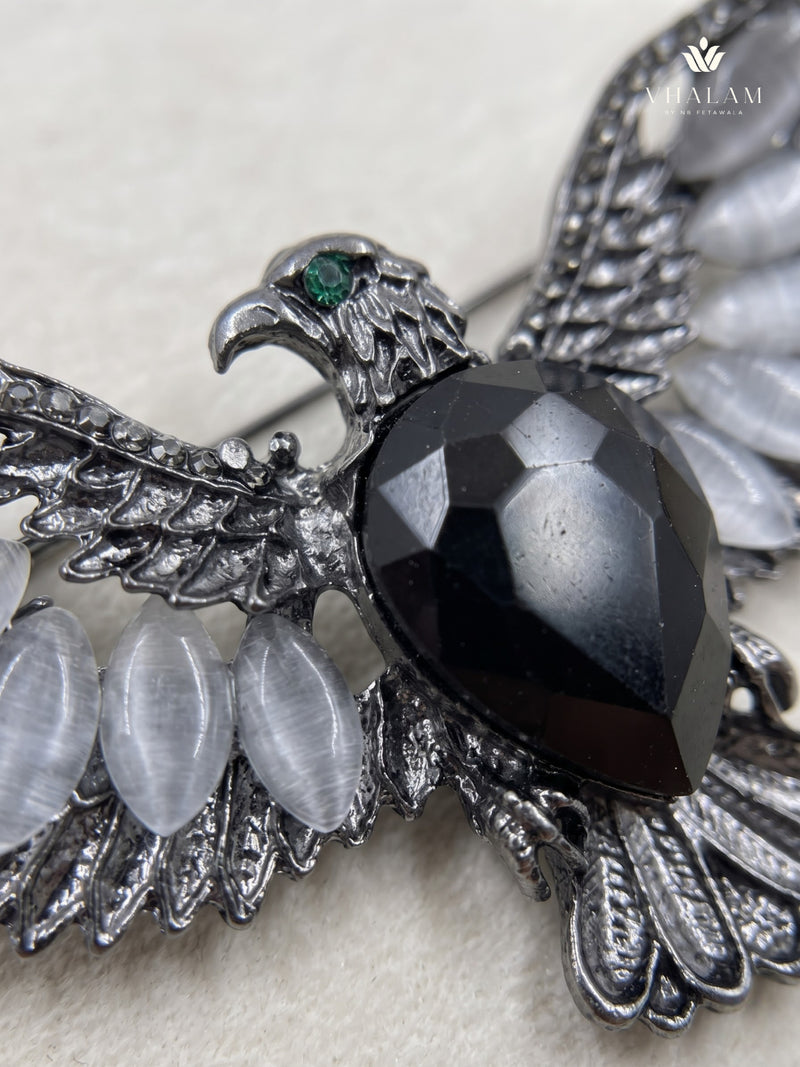 Silver-Tone Eagle Brooch with Black Centre, detail view