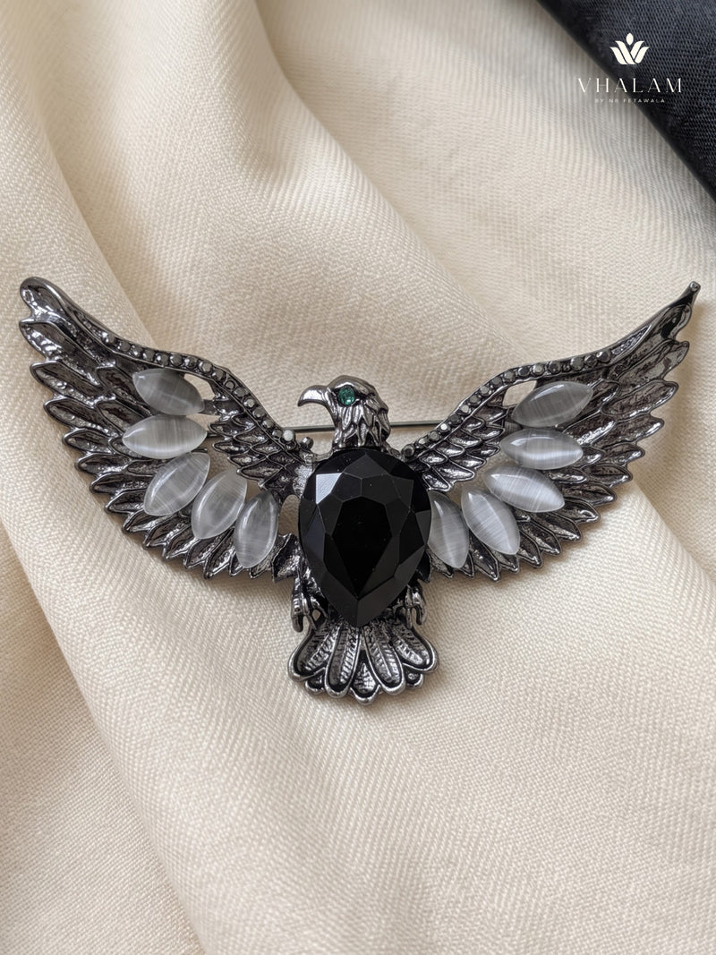 Silver-Tone Eagle Brooch with Black Centre, front view