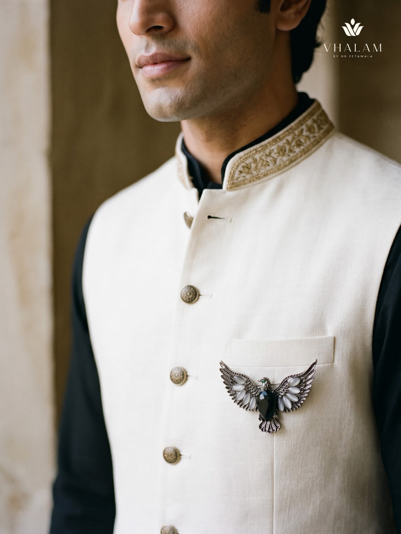 Silver-Tone Eagle Brooch with Black Centre, styled view