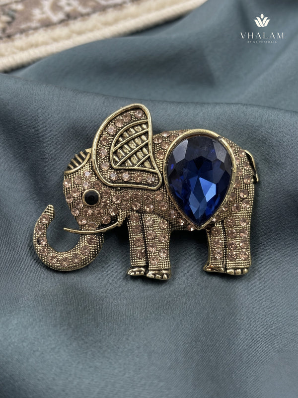 Gold-Tone Blue Elephant Brooch, front view