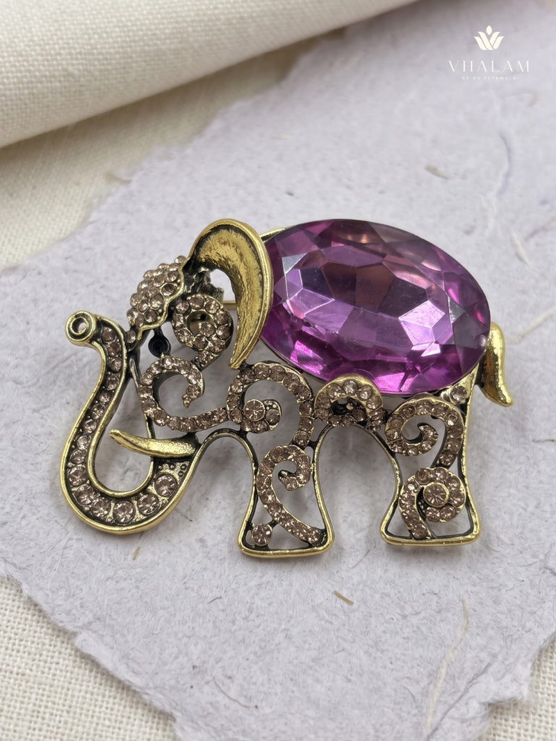 Gold-Tone Pink Elephant Brooch, front view