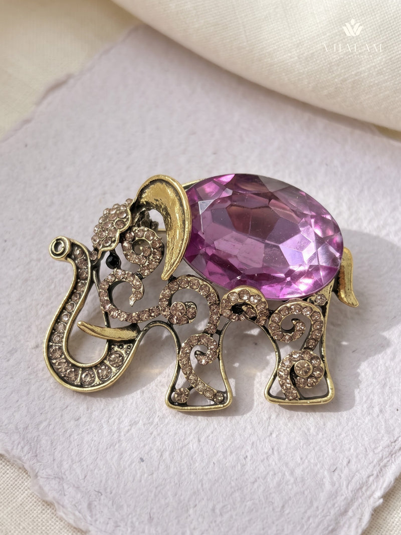 Gold-Tone Pink Elephant Brooch, front view