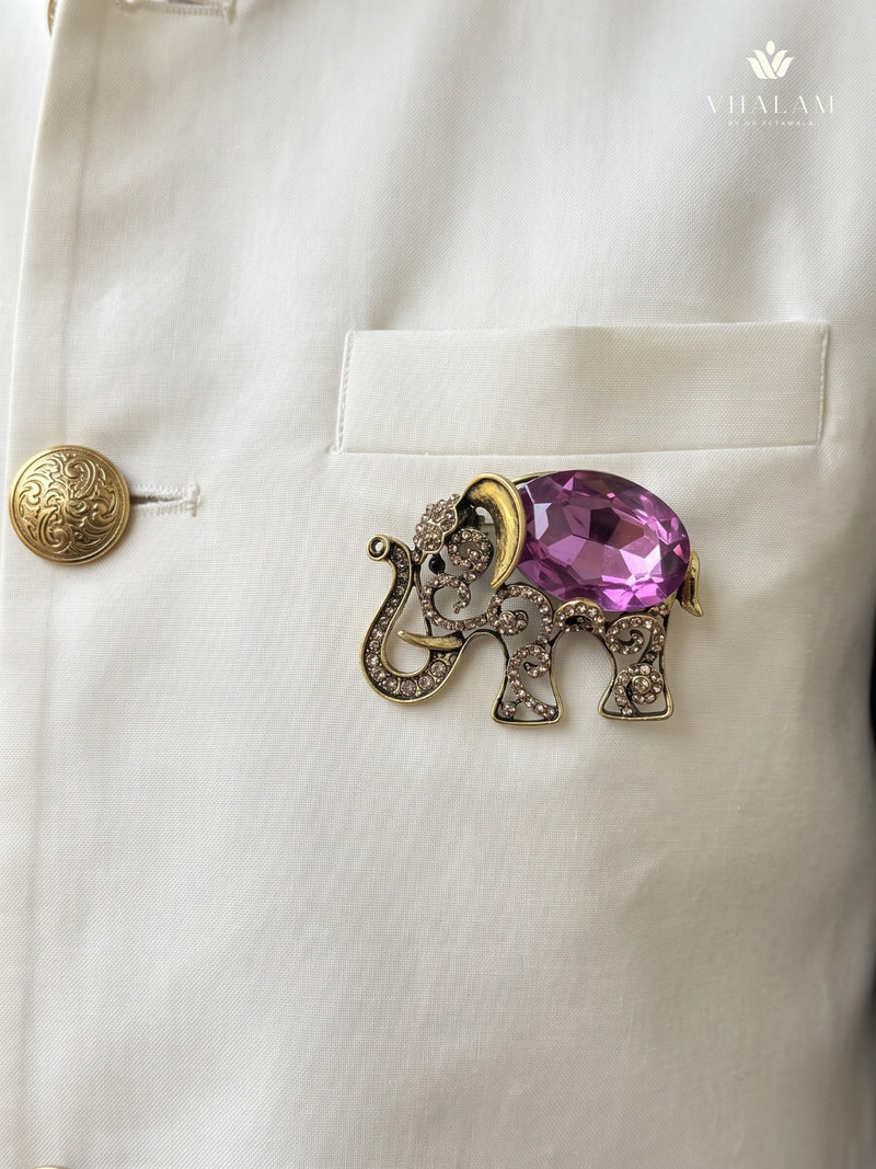 Gold-Tone Pink Elephant Brooch, styled view