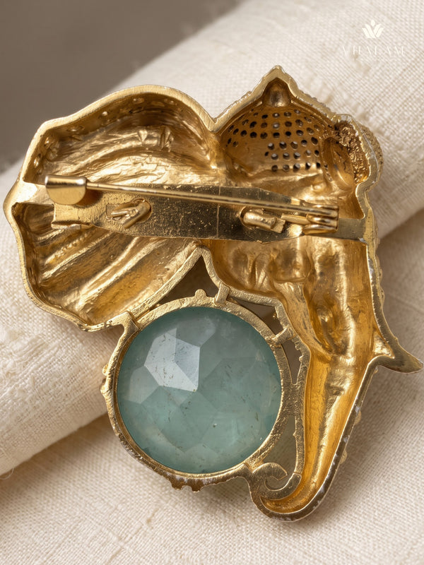 Gold-Tone Elephant Head Brooch with Pastel Green Accent, rear view