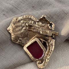 Gold-Tone Elephant Head Brooch with Red Accent, rear view