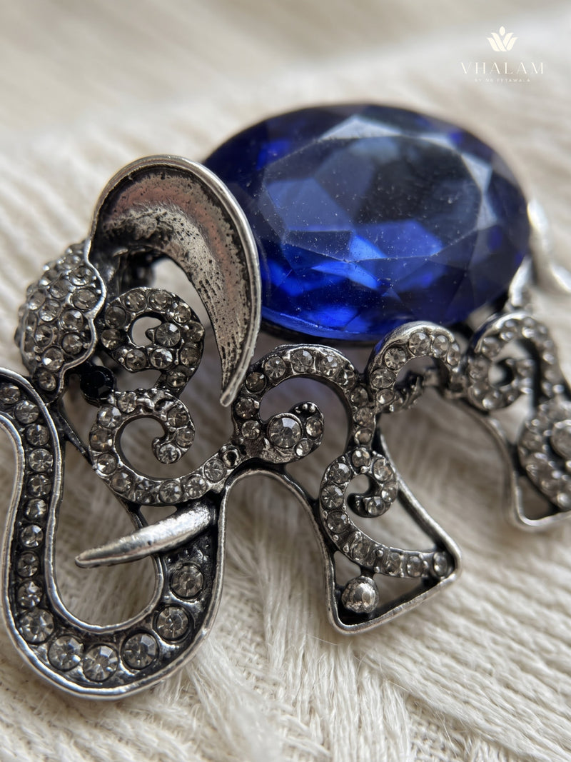 Silver-Tone Blue Elephant Brooch, detail view