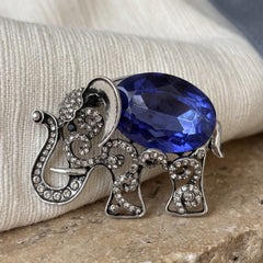 Silver-Tone Blue Elephant Brooch, front view