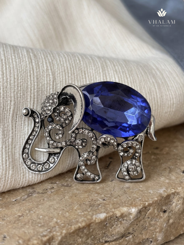 Silver-Tone Blue Elephant Brooch, front view