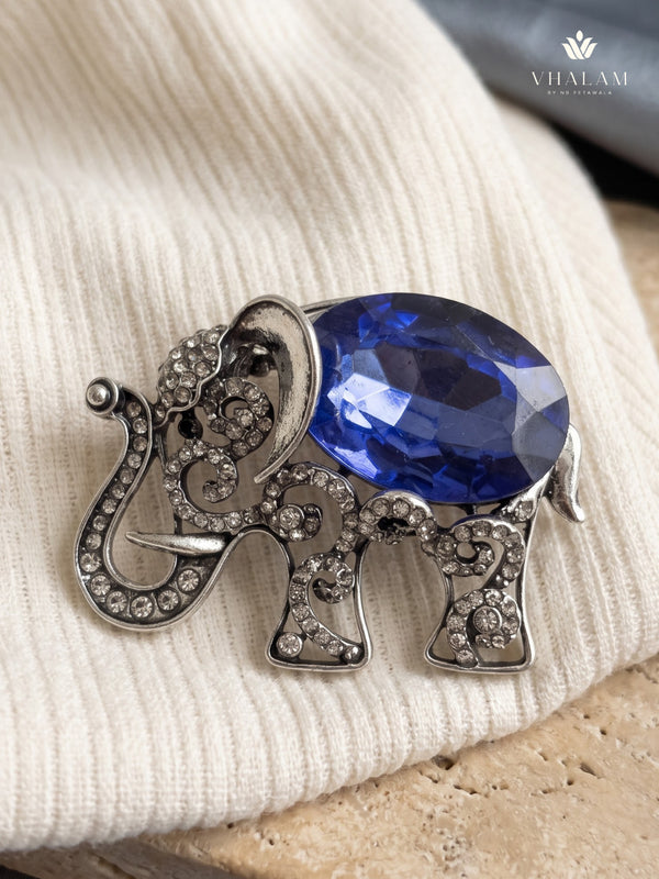 Silver-Tone Blue Elephant Brooch, front view