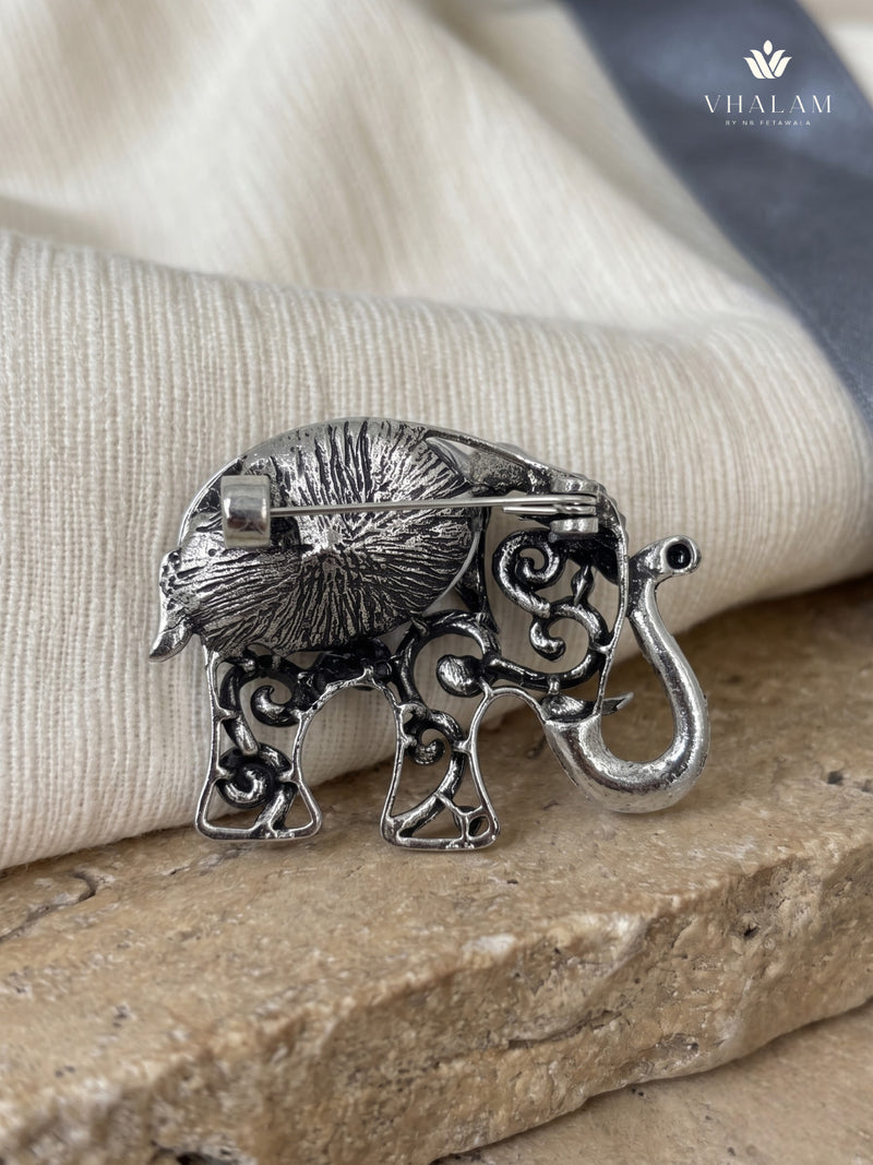 Silver-Tone Blue Elephant Brooch, rear view