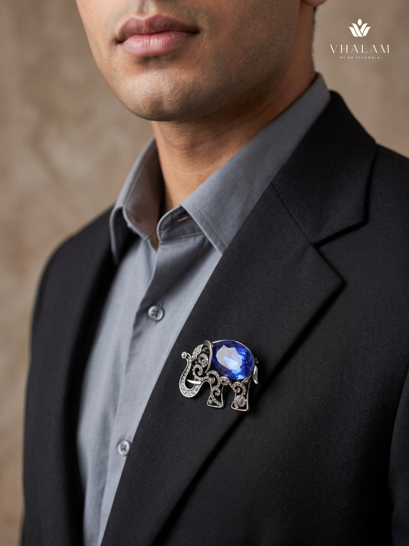 Silver-Tone Blue Elephant Brooch, styled view