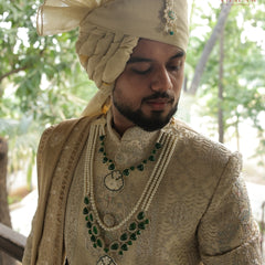 Dulha Pearl & Green Stone Double-Layer Mala