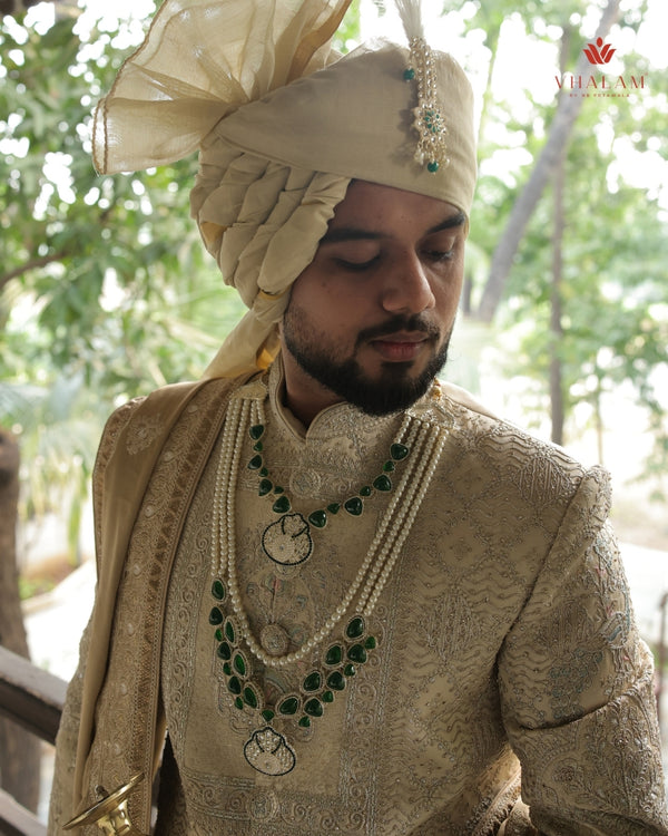 Dulha Pearl & Green Stone Double-Layer Mala