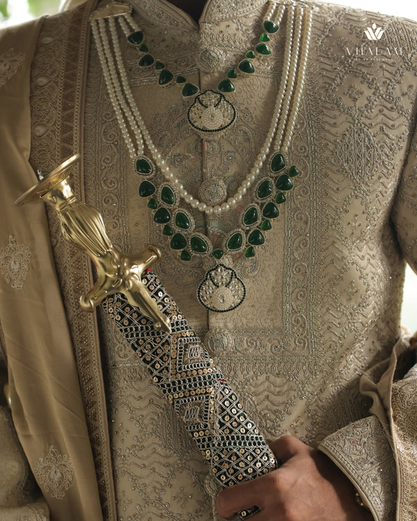 Dulha Pearl & Green Stone Double-Layer Mala