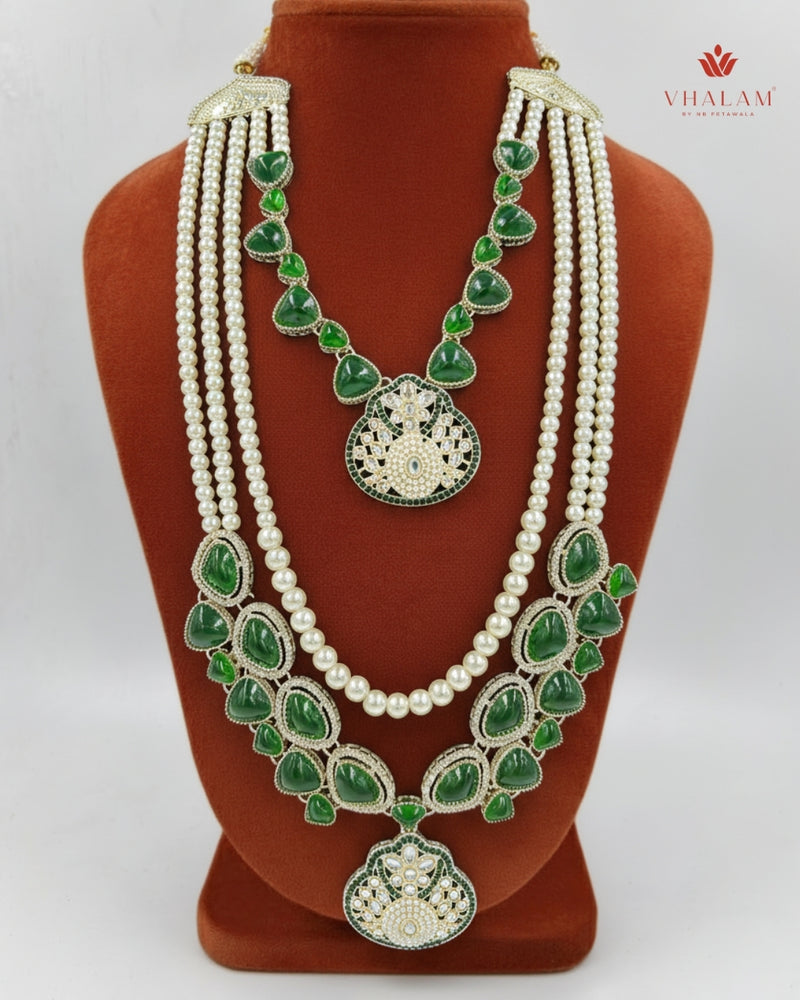 Dulha Pearl & Green Stone Double-Layer Mala