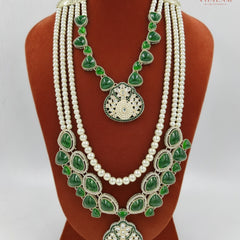 Dulha Pearl & Green Stone Double-Layer Mala