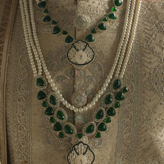 Dulha Pearl & Green Stone Double-Layer Mala