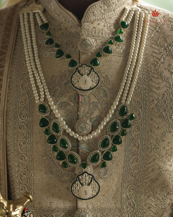 Dulha Pearl & Green Stone Double-Layer Mala
