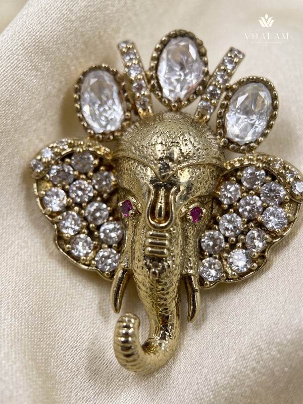 Ganesha Head Brooch with Clear Accents, detail view