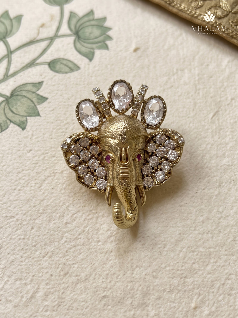Ganesha Head Brooch with Clear Accents, front view