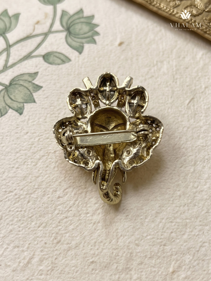 Ganesha Head Brooch with Clear Accents, rear view
