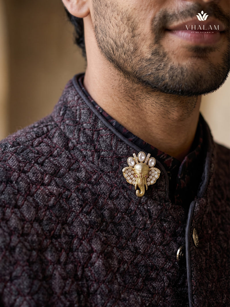Ganesha Head Brooch with Clear Accents, styled view
