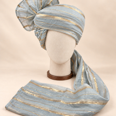 Front view of grey gold stripe premium barati safa showing the gold-tone stripes and broad fan