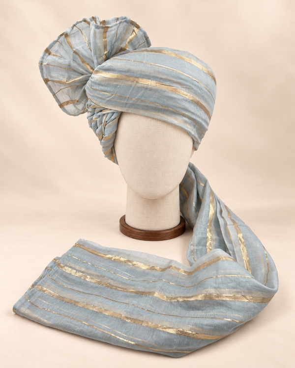 Front view of grey gold stripe premium barati safa showing the gold-tone stripes and broad fan