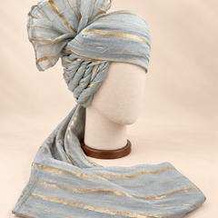 Right side view of grey gold stripe premium barati safa showing the twisted striped folds and fan detail