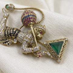 Flying Hanuman Brooch with Green Accent, detail view