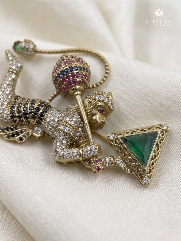Flying Hanuman Brooch with Green Accent, detail view