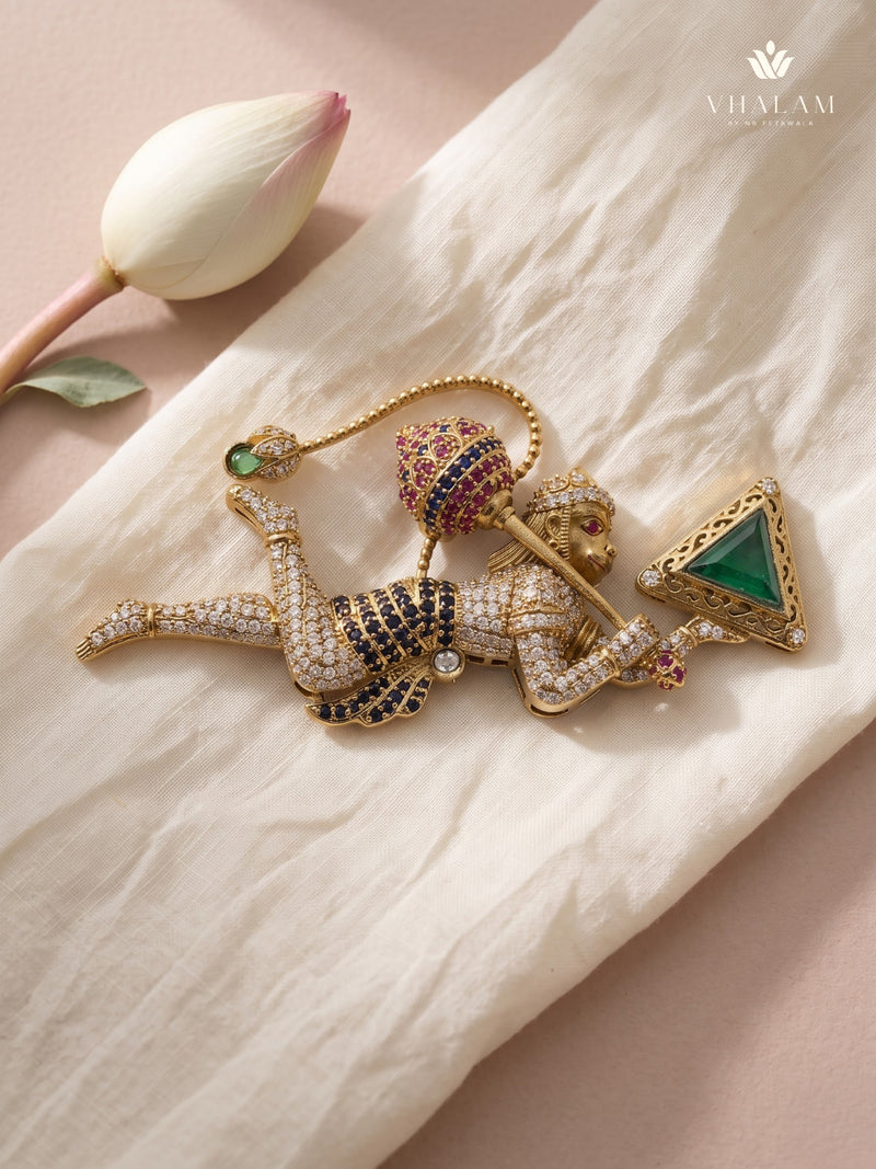 Flying Hanuman Brooch with Green Accent, front view