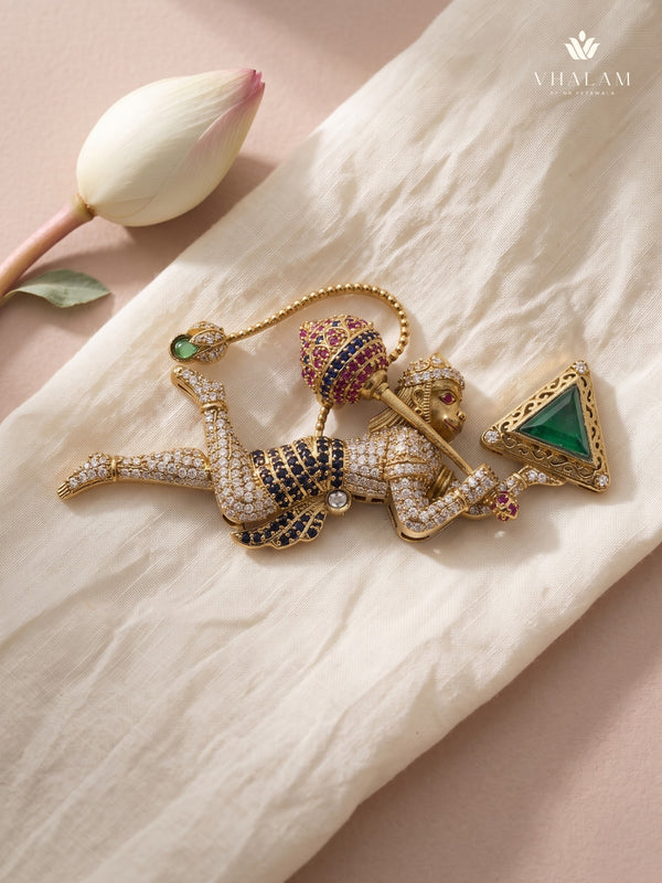 Flying Hanuman Brooch with Green Accent, front view