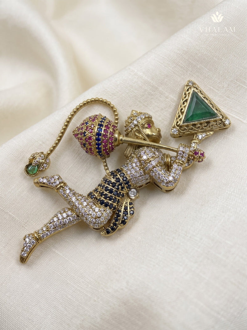 Flying Hanuman Brooch with Green Accent, front view