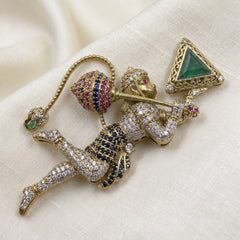 Flying Hanuman Brooch with Green Accent, front view