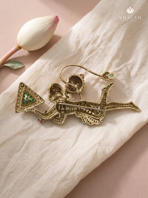Flying Hanuman Brooch with Green Accent, rear view