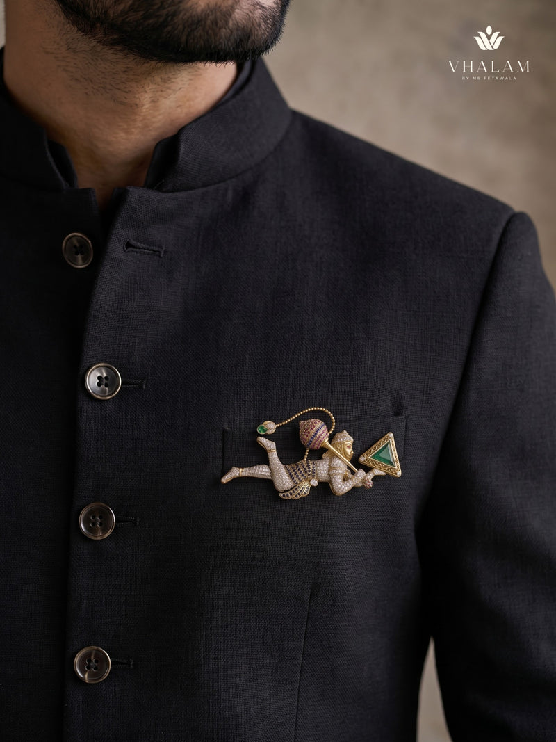 Flying Hanuman Brooch with Green Accent, styled view