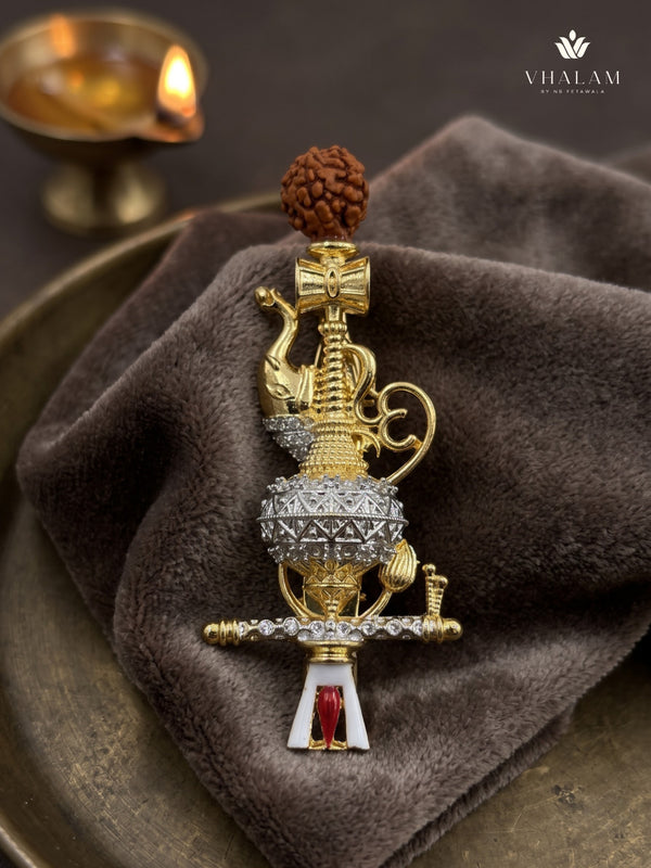 Gold-Tone Gada Motif Brooch with Red Accent, front view