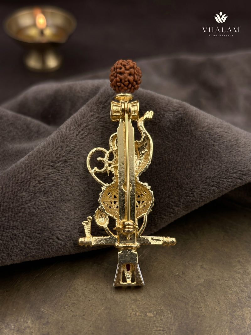 Gold-Tone Gada Motif Brooch with Red Accent, rear view