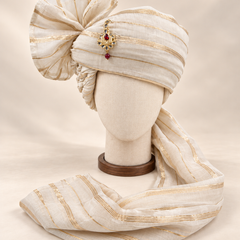 Front view of ivory fine gold stripe premium barati safa showing the gold-tone stripes and angular fan