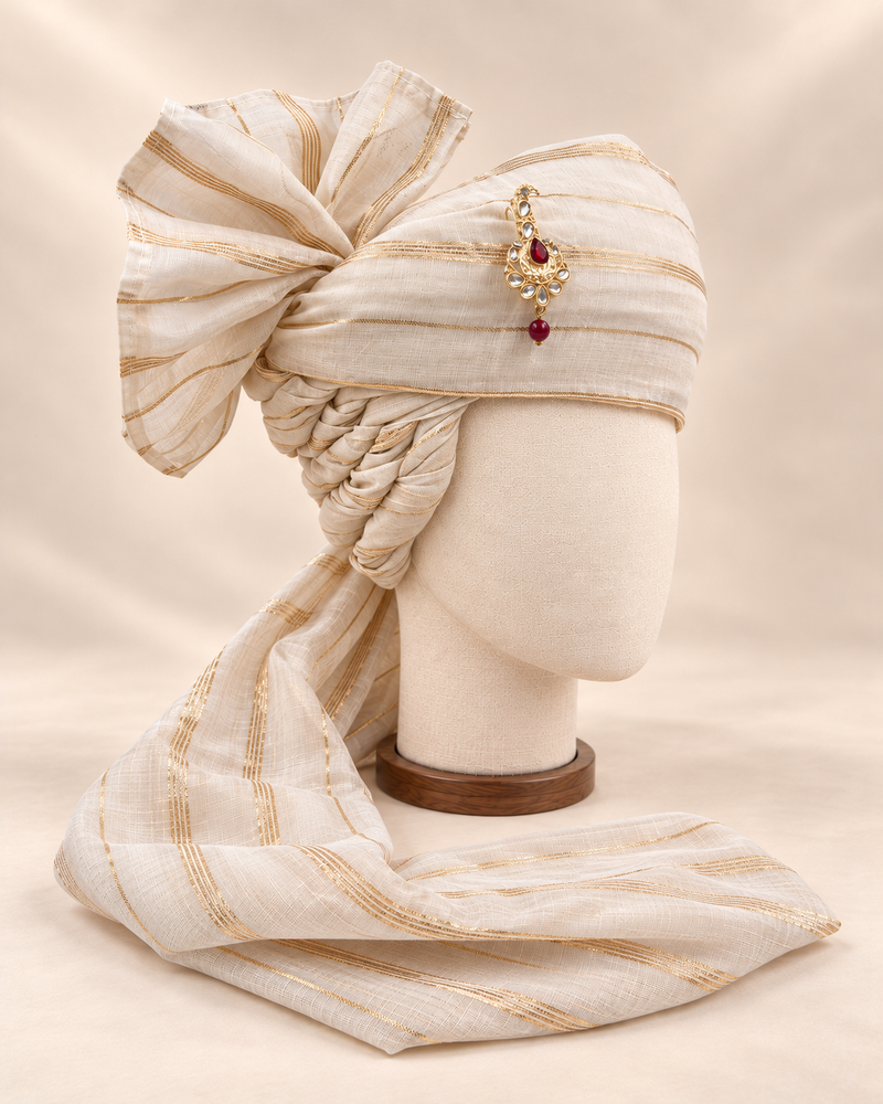 Right side view of ivory fine gold stripe premium barati safa showing the stacked twisted folds and striped fan